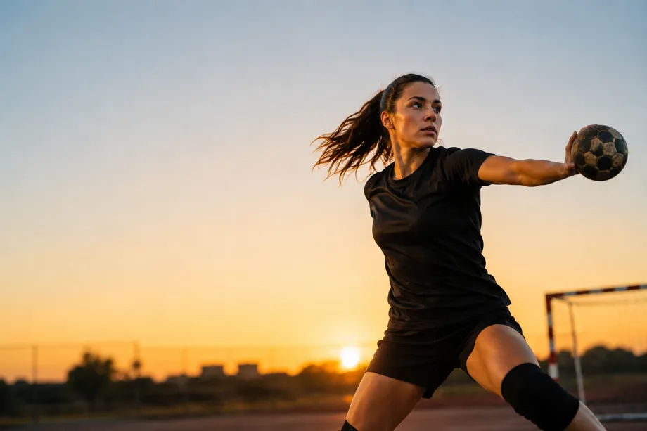 Handballerin im Anlauf zum Wurf, Tor im Gegenlicht
