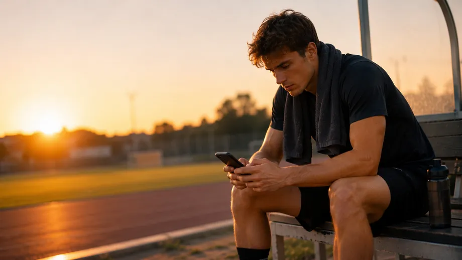 Sportler sitzt mit dem Smartphone auf der Bank am Sportplatz