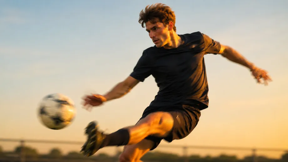 Footballer striking the ball at sunset