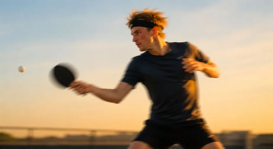 Table tennis player hitting a forehand in backlight