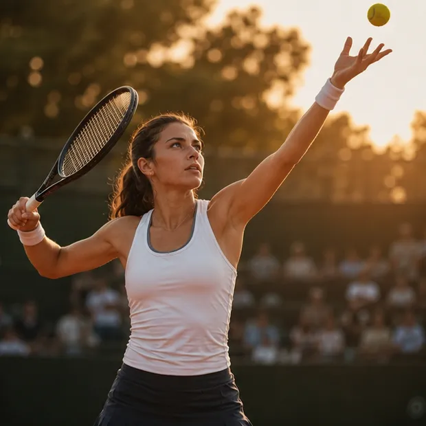 Tennis player at the ball toss on her serve